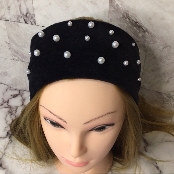 Pearl studded headband, black faux suede and white Pearl turban headband - Picture 4 of 8